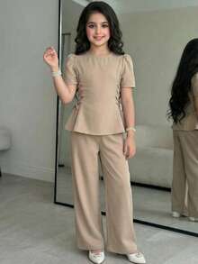 SHEIN 少女优雅纯色圆领短袖系腰上衣和阔腿裤两件套 - 駝色 - 查看 3