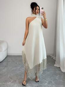 SHEIN Elenzya Elegant Linen-Like Loose Asymmetric Shoulder Tassel Trim Dress, Suitable For Holidays, Vacation, Commute, Versatile For Daily Wear, Summer - Coffee - View 5
