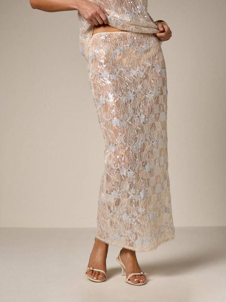 Gonna midi in pizzo floreale con paillettes