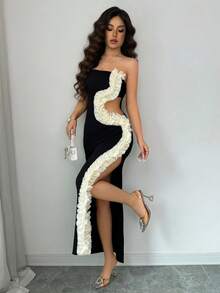 Rafferiza Women's Elegant Black And Cream Summer Dress,Tight-Fitting Hollowed-Out Waist Slit Irregular Floral Design, Night Out Dress For Wedding Banquet - Black - View 7