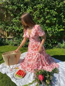 KARISMINA Women's Elegant V-Neck Floral Print Orange And White Maxi Dress,Summer Boho Garden Party Holiday Outfits,Cottagecore Wedding Guest Dress - Orange - View 15