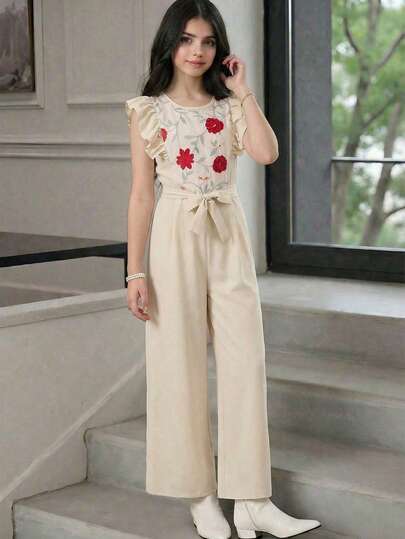 1 pieza Mono elegante de niña con estampado floral y mangas con volantes, cierre con cremallera en la espalda, pierna ancha, adecuado para uso diario, fiestas, vacaciones