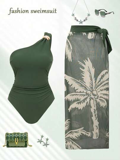 Swim Oasis Women's Solid Color Halter One-Piece Swimsuit With Palm Tree Cover-Up And Mini Skirt Set, Vacation Style