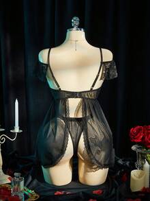 SpicyHot 2 piezas Conjunto de camisón sexy de mujer con parches de encaje - Negro - Ver 2