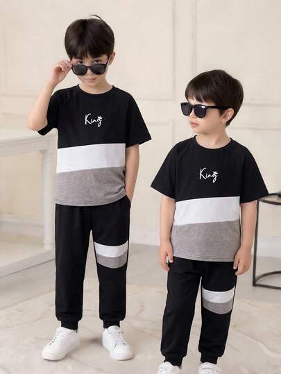 SHEIN 2pcs/Set Tween Boy Casual Versatile Colorblock Design Round Neck T-Shirt And Pants Set, Suitable For Commuting, School, Everyday Casual Wear, Sports, Spring/Summer