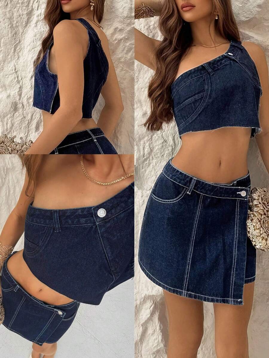 TRNVIE Women's Asymmetrical Shoulder Cut-Off Denim Blouse - Blue - View 1