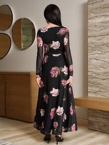 Modelyn Đầm nữ thanh lịch cổ tròn tay dài in hoa, eo nhún - Nhiều màu - Xem 4