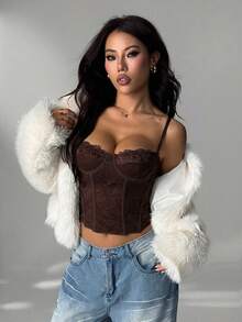 SHEIN PETITE 蕾絲透視細肩帶上衣，派對、約會、通勤適用，可愛內衣式上衣，夜店束腰上衣，夏季女款，秋冬疊穿，適合嬌小女性 - 棕色 - 查看 7