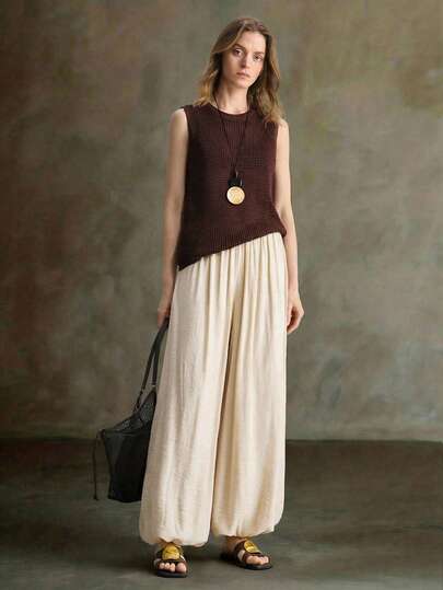 Ontre 2026ss Women's Light Apricot Comfortable Soft Peach Blossom Pleated Front Elastic Waist Side Pockets Harem Pants, Modern Urban Fashion Business Casual Office Wear, Low-Key Vintage High-End Style, High-Quality Airport/Cruise Outfit, Middle East Elegant Wedding Guest Attire, Minimalist Luxurious Feel, Versatile All-Season Casual Series Design Country Concert, Western Style Clothing, High-Grade Fabric, Comfortable And Breathable Bohemian Style Vacation Wear Boho Jumpsuit For Women High-Grade Fabric