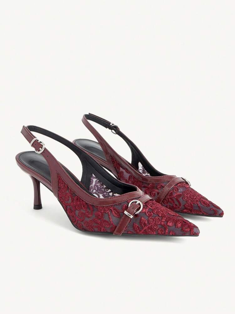 CUCCOO CHICEST Burgundy Lace Skin-Penetrating Pointed High Heels, French Romantic Retro Style, Enhances And Adds A Sense Of Sophistication, Suitable For Women Who Prefer A Romantic Atmosphere, Dating, Afternoon Tea Or Light French Clothing Are Very Suitable For Daily Going Out Wedding Shoes Summer Shoes Bride Shoes