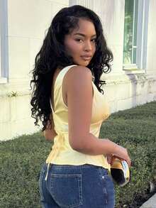 Alexandranx 黄色缎面 V 领系带背心，适合度假、海滩、音乐节、早午餐、婚礼宾客服装、伴娘、春夏季 - 黃色 - 查看 6