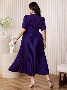 Modelyn Plus Size Elegant Solid Color Pleated Hem Dress, Summer - Purple - View 4