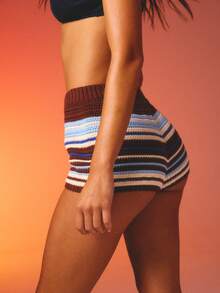 Aralina 夏季女士半透明可爱针织假日沙滩多色条纹短裤 - 彩色 - 查看 5