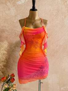 Soleia 女士渐变橙色日落水钻花卉雪纺迷你连衣裙，适合度假、约会、下午茶、海滩、邮轮、海岛度假、城市旅行、音乐节、波西米亚风度假、派对等场合，可内穿或外穿，沙滩套装 - 彩色 - 查看 11