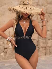 Brillora 女士度假豹纹深V性感连体泳衣 - 黑色 - 查看 3