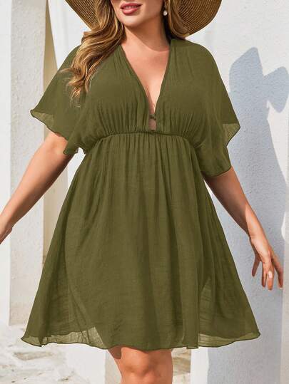 Swim Lushoire Vestido de fiesta casual con cuello en V y pliegues para mujer de talla grande