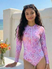 Teen Girls' Casual Minimalist Iridescent Lavender Leopard Print One-Piece Swimsuit, Suitable For Casual, Vacation, Surfing In Summer - Multicolor - View 3
