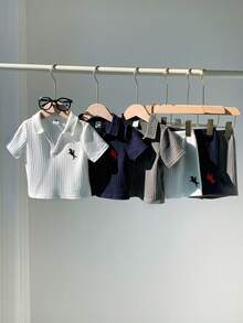 SHEIN 6件套男女宝宝休闲日常针织衫套装，Polo领短袖针织上衣和短裤套装，春夏男宝宝服装，套装 - 彩色 - 查看 8