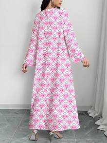 SHEIN Najma 优雅阿拉伯风碎花V领长袖连衣裙，女士春夏长款碎花连衣裙，优雅阿拉伯服饰 - 彩色 - 查看 2