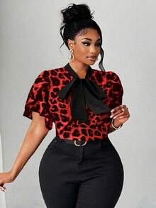 Maweii Plus Size Women's Elegant Romantic Heart Print Blouse With Bow Collar, Ruffle Trim And Contrast Color Design, New Spring/Summer - Multicolor - View 1