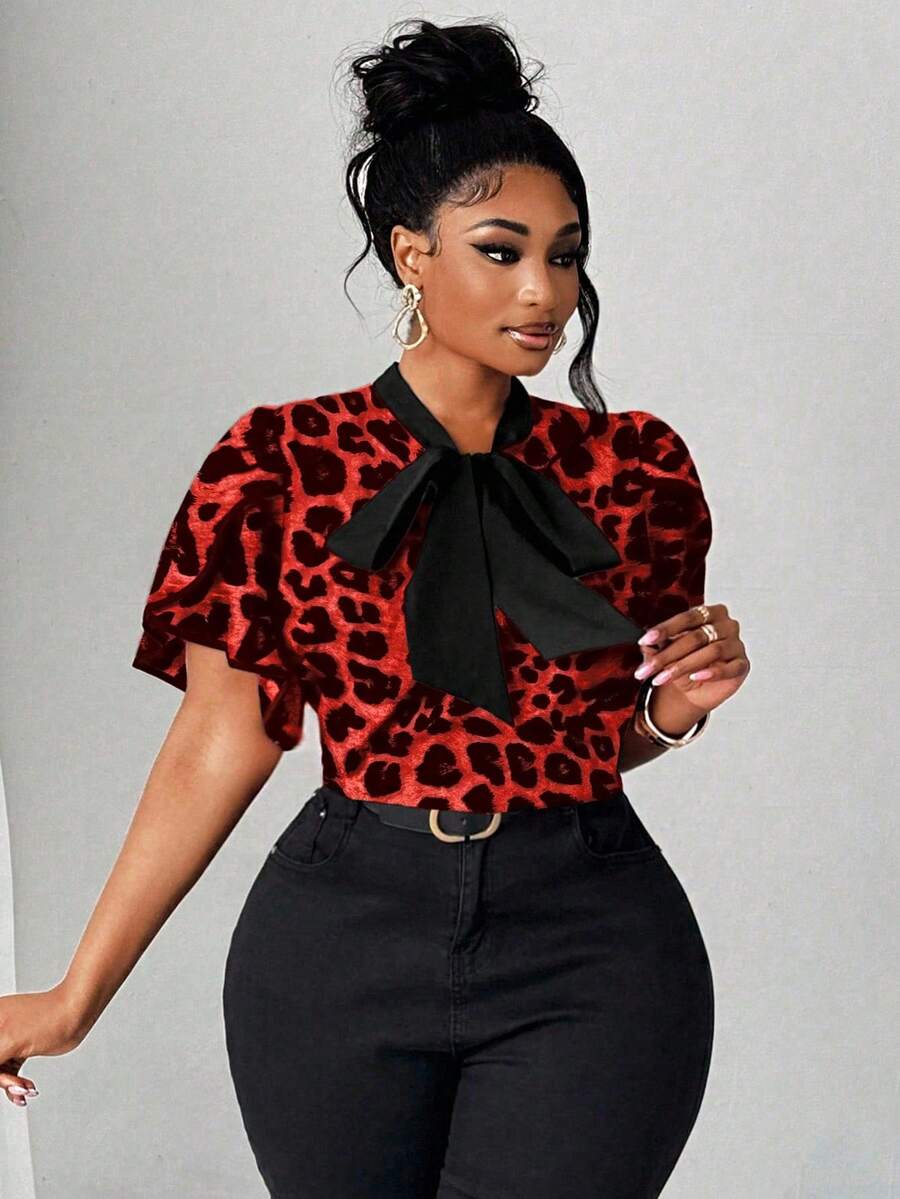 Maweii Plus Size Women's Elegant Romantic Heart Print Blouse With Bow Collar, Ruffle Trim And Contrast Color Design, New Spring/Summer - Multicolor - View 1