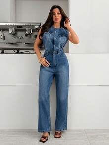EURMUSE Women's Summer Casual Washed Button Half-Placket Sleeveless Denim Jumpsuit - Medium Wash - View 2