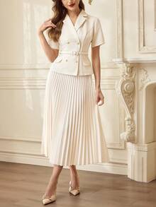 Vintamour 复古经典优雅女士套装，春夏修身双排扣翻领套装，杏色百褶裙套装 - 杏色 - 查看 3