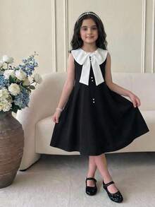 SHEIN 青少年女孩寬鬆優雅拼色無袖蝴蝶結領洋裝 - 黑與白 - 查看 3