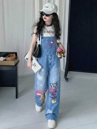 SHEIN 少女针织星形印花背带裤，适合返校季，春、夏、秋季个性服装