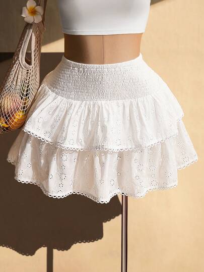 SHEIN ICON Plus Size Women's Spring/Summer Retro Sexy Fashion Individual Beach Vacation Everyday Casual White Woven Jacquard Patchwork Lace Ruffle Hem Loose Midi Skirt