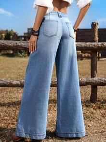 Breezaya 女士优雅牛仔阔腿裤，夏季 - 淺色水洗藍 - 查看 2