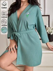 SHEIN Cottnline Women PLUS SIZE Cotton Waffle Rib Knit With Belted Flowers Embroidery Detail Homewear Comfort Lounge Robe - Green - View 1