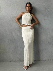 Aloruh Bộ đồ 2 món thanh lịch cho kỳ nghỉ: Áo hai dây hở lưng màu mơ và chân váy suông. - Màu be - Xem 8