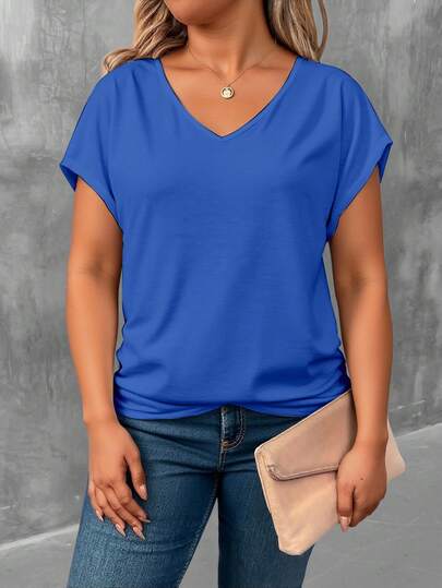 EMERY ROSE Plus Size Women's Summer Solid V-Neck Short Sleeve Casual T-Shirt Blue Tops Plus Size V Neck Tops Bright Blue Top Blue Tops For Summer