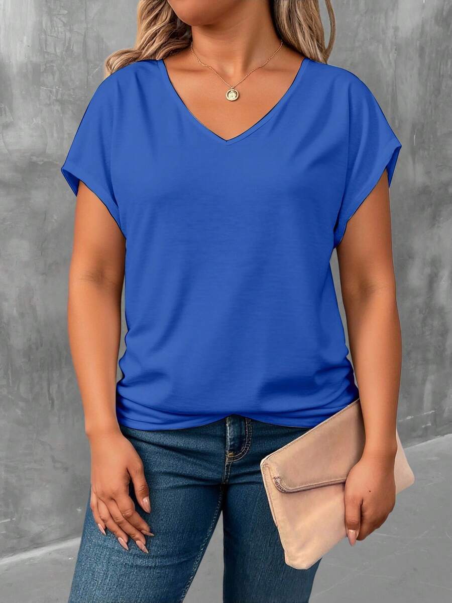 EMERY ROSE Plus Size Women's Summer Solid V-Neck Short Sleeve Casual T-Shirt Blue Tops Plus Size V Neck Tops Bright Blue Top Blue Tops For Summer - Multicolor - View 1