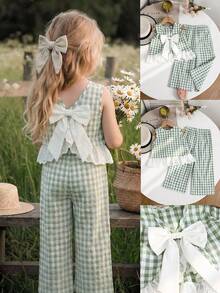 Emery Rose Kids Emery Rose Kids 2pcs/Set  Young Girl Woven Plaid Round Neck Casual Vest And Pants Set Young Girl  Two Piece Set Gingham Set Girls Plaid Set Young Girl  Two Piece Set Summer Two Piece Set For Girls Young Girl Green Gingham Two Piece Set With Bow And Ruffle Sleeveless Top And Wide Leg Pants Summer Outfits Girls Summer Clothes Girls Clothes Girl Elegant Pant Set - Green - View 14