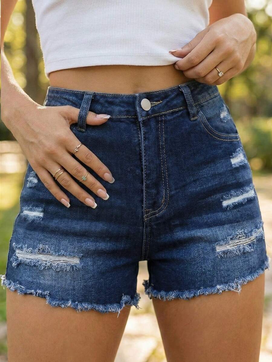 SHEIN ICON Women's High Waist Pocket Distressed Frayed Hem Denim Shorts - Dark Wash - View 1