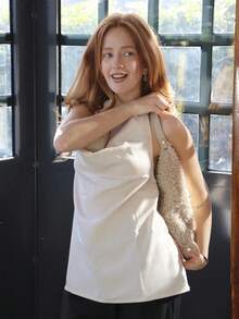 SILVIA DI SANTO 女士簡約時尚斜領袖子無袖連體褲，通勤頸掛式設計 - 杏色 - 查看 6