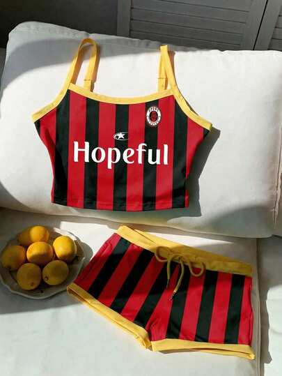 Comfortcana 夏季撞色条纹字母印花露脐吊带背心和短裤套装（2件套），适合足球俱乐部穿着、球迷周边产品、世界杯比赛日服装