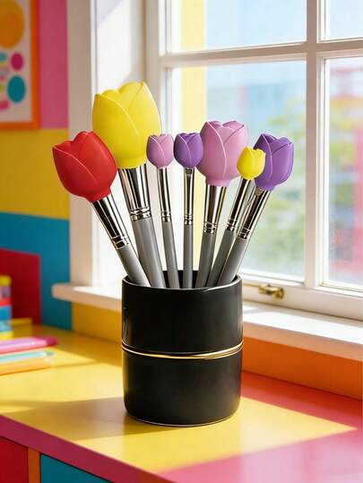 Joivida Rose Shaped Makeup Brush Holder, 3D Flower Silicone Protective Case, Portable Cosmetic Brush Organizer, Dustproof Travel Makeup Tool Storage, Cute Desktop Beauty Organizer