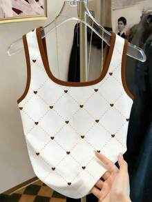 Resyla Women's Casual Heart Print Fitted Tank Top, Summer - White - View 2