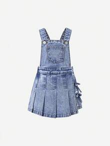 SHEIN Young Girls Denim Bib Pants And Jumpsuit New Casual Fashion Pleated Skort Design Sweet School Style Light Blue Denim Jumpsuit Shorts - Blue - View 11