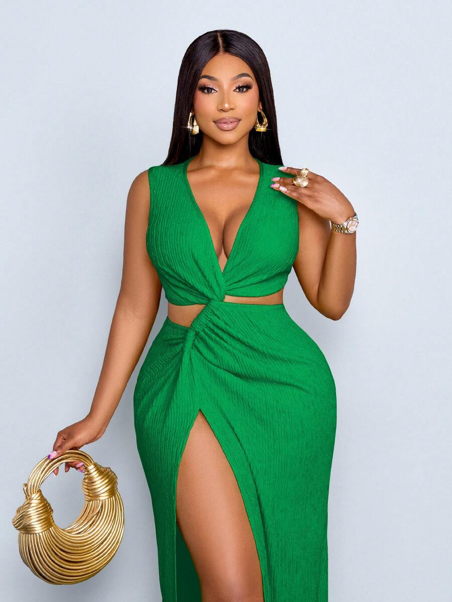 Plus Size Women's Spring And Summer Solid Color Textured Fabric Waist Hollow Twist High Slit Sexy Long Dress, Beach Vacation - Green - View 1