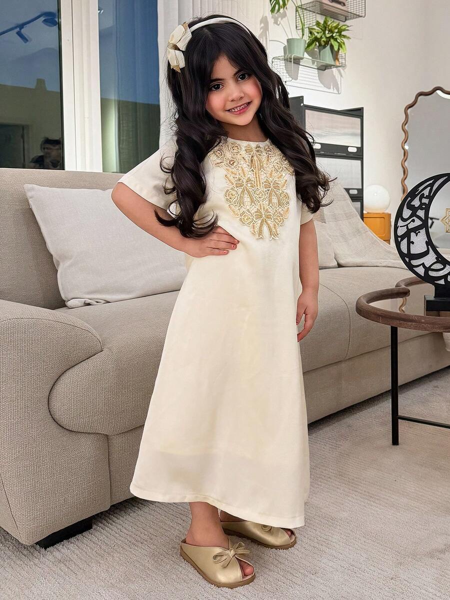 Dazy Kids Young Girls Round Neck Short Sleeve Dress, Fall Clothes - Beige - View 1