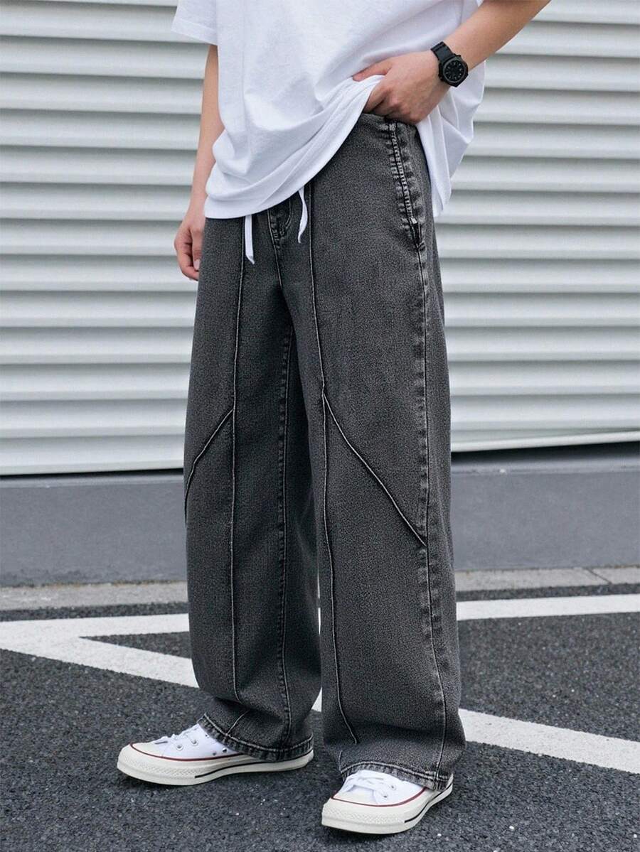 青少年男孩休闲个性街头时尚宽松直筒水洗牛仔裤 - 深灰色 - 查看 1