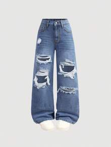 Tween GirlsBlue Distressed Loose Fit Jeans - Medium Wash - View 7