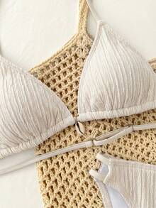 Conjunto de bikini de dos piezas para adolescentes, azul liso con textura de punto y decoración de conchas, camisola sin espalda y top triangular, traje de baño para playa y vacaciones de verano - Albaricoque - Ver 5