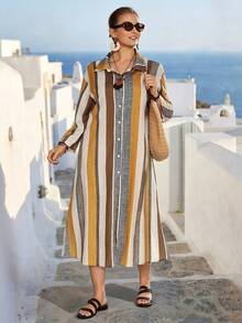 EMERY ROSE Plus Size Casual Elegant Printed & Striped Linen-Like Mid-Length Shirt Dress, Suitable For Vacation, Commute, All Seasons - Multicolor - View 5