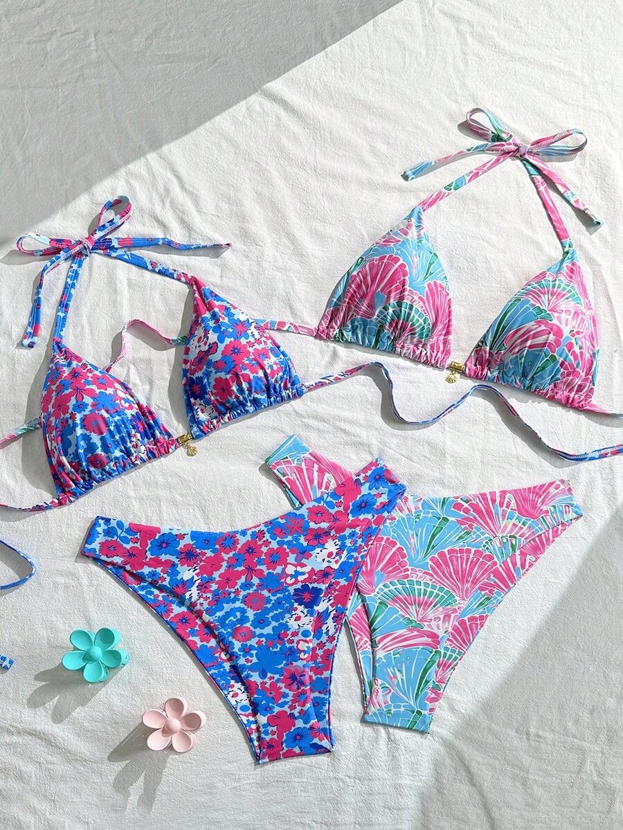 Swim Mod Plus Size Women's Summer Beach Floral Print Halter Tie Sexy Bikini And Triangle Panty Swimsuit Set Bikini Swimwear Floral Print Bikini Womens Two Piece Swimsuit Bikini Sets For Women Beach Outfit For Women - Multicolor - View 1