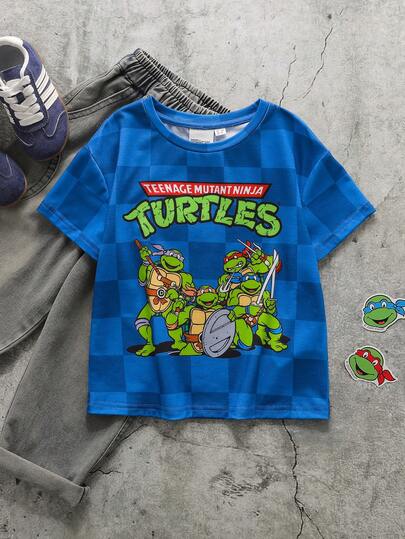 TEENAGE MUTANT NINJA TURTLES | SHEIN Camiseta de manga corta con estampado de cuadros y dibujos animados para niño pequeño
